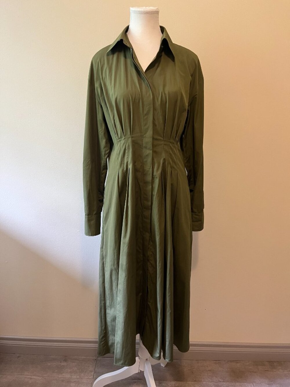NWOT $1.4K MAX MARA STUDIO Maxi Shirt Dress, 10, 100% Cotton Olive Green Pockets